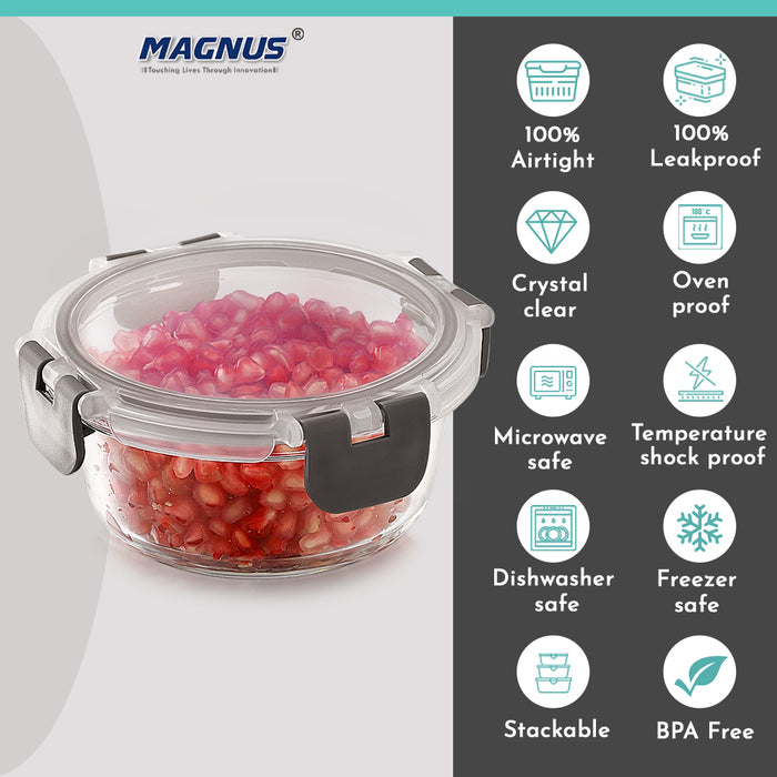 Magnus Glock Round Glass Food Storage Containers Set, Airtight Glass Lunch Containers, Exclusive of BPA, for Microwave, Oven, Freezer & Dishwasher Friendly,240ml