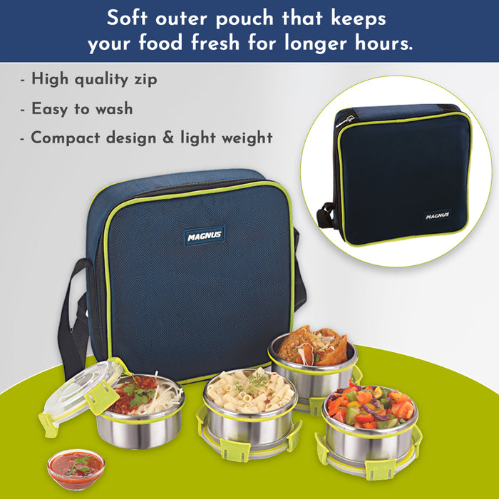 Magnus Quatro 4-Piece Stainless Steel Lunch Box Set | Airtight, Leakproof Containers | Insulated Cover & Bag | BPA Free | Ideal Lunch Box for Kids, Office Men, Women | Office & School Tiffin