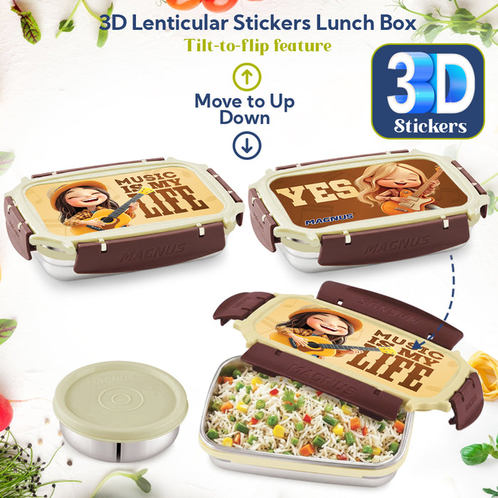 Magnus Magic Switch Junior Stainless Steel Lunch Box for Kids & School | 550 ml Main Container + 100ml Round Container | Airtight & Leakproof Tiffin Box with 3D Lenticular Sticker | Brown