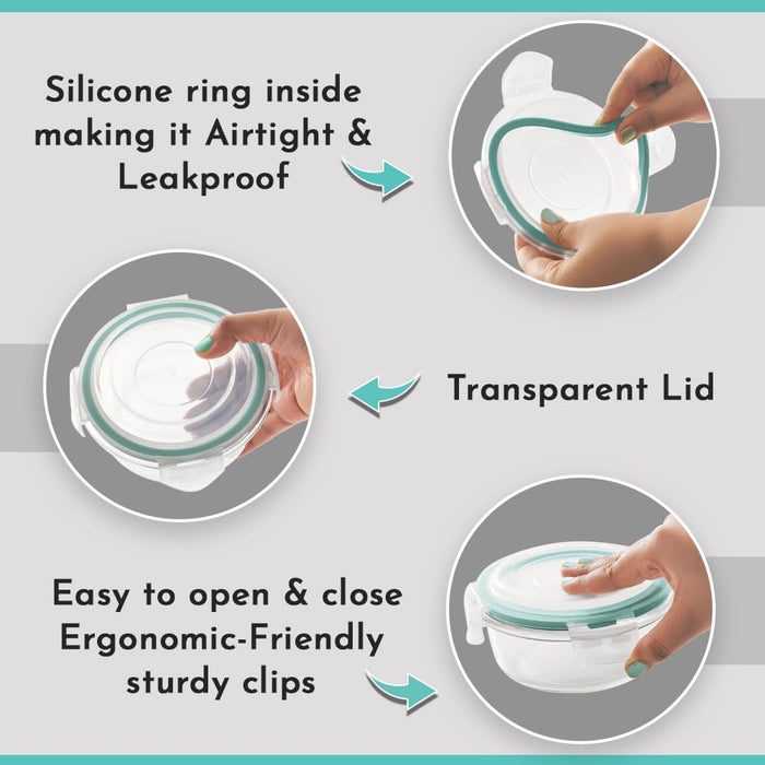 Vivid Glass Food Round Container with Break-Free Detachable Lock – Oven & Microwave Safe Borosilicate Glass - 400ML