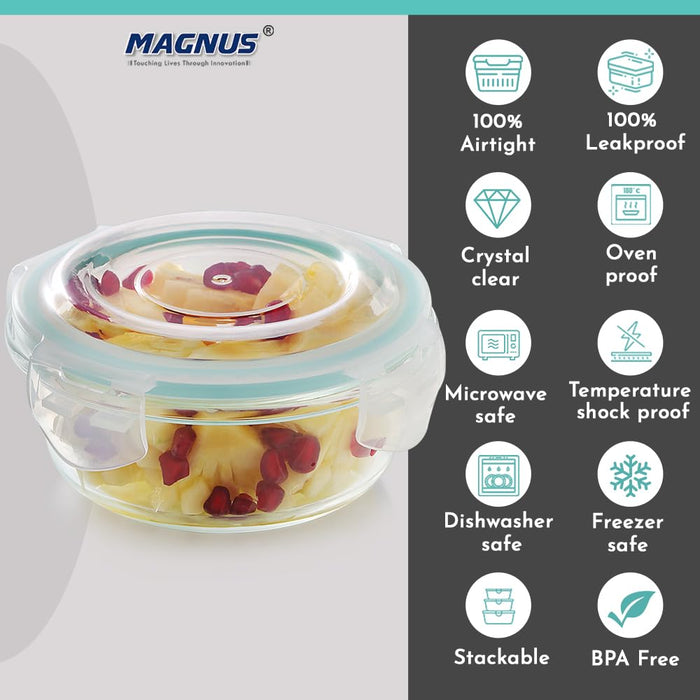 Vivid Glass Food Round Container with Break-Free Detachable Lock – Oven & Microwave Safe Borosilicate Glass - 400ML