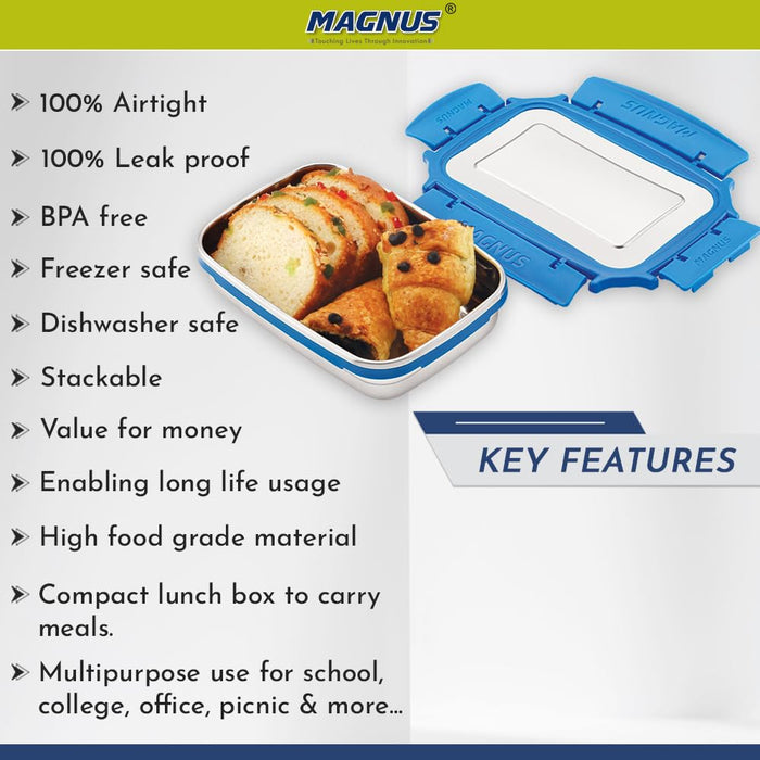 Magnus Bolt Deluxe Stainless Steel Lunch Box - BPA-Free, Leak-Proof Tiffin for Office & School, Ideal Lunch Box for Kids and Office Men, Air-Tight Food Storage Container, 550ml