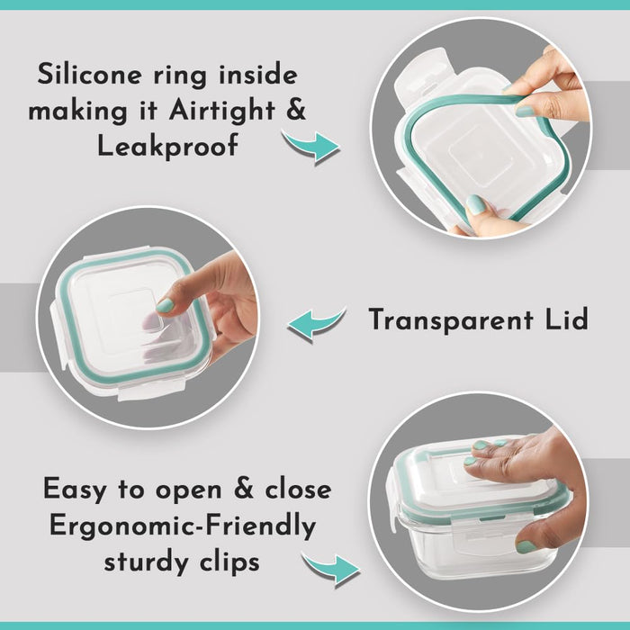 Vivid Glass Food Sqaure Container with Break-Free Detachable Lock – Oven & Microwave Safe Borosilicate Glass - 320ML