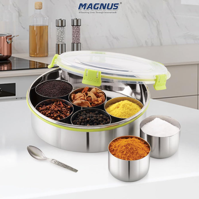 Magnus in Vista Spice Box Stainless Steel Stylish Extra Large Masala Box for Kitchen Steel Masala Dani for Kitchen See through lid
