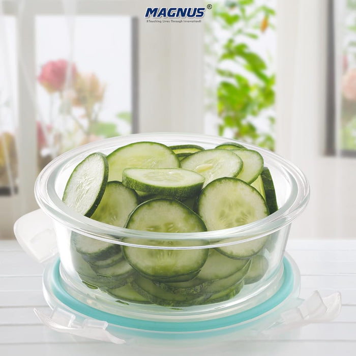 Vivid Glass Food Round Container with Break-Free Detachable Lock – Oven & Microwave Safe Borosilicate Glass - 400ML