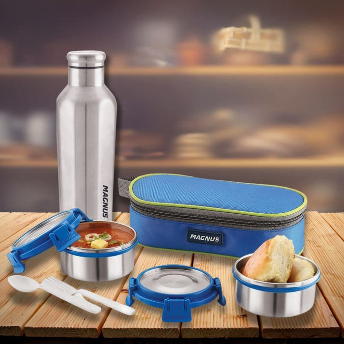 Magnus Avanza Deluxe Stainless Steel Lunch Box Set with Bottle (550ml) Leakproof Tiffin with Bag Ideal Lunch Box for Kids, Office Men, Women