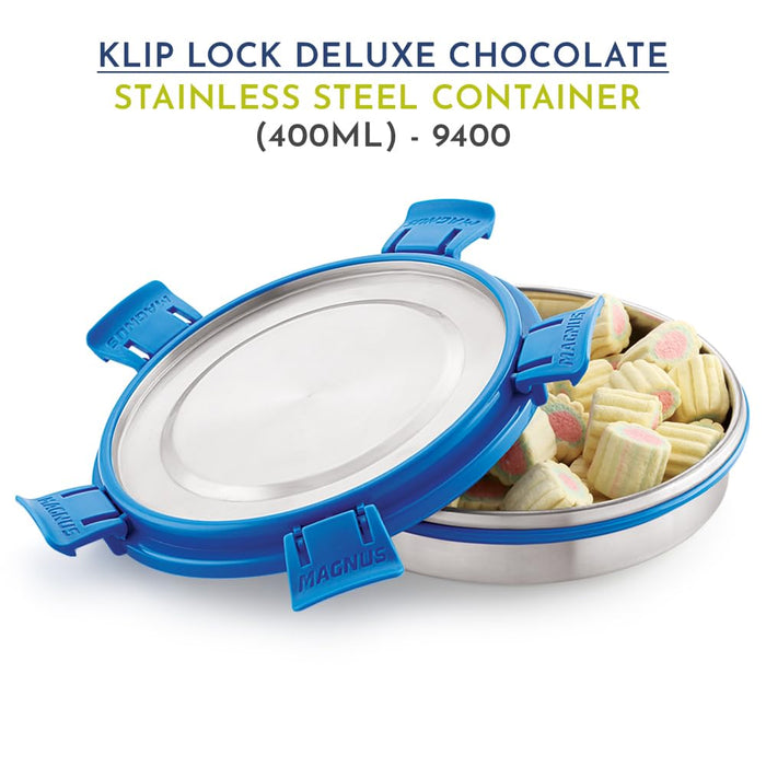 Magnus Stainless Steel Airtight Leakproof Storage Deluxe Chocolate Container 400ML with Klip Lock - Ideal Kitchen Accessories Items, Perfect Lunch Box, Lunch Boxes for Office Men