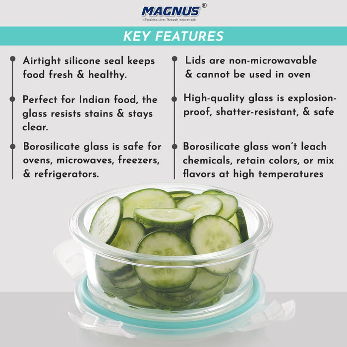 Vivid Glass Food Round Container with Break-Free Detachable Lock – Oven & Microwave Safe Borosilicate Glass - 400ML