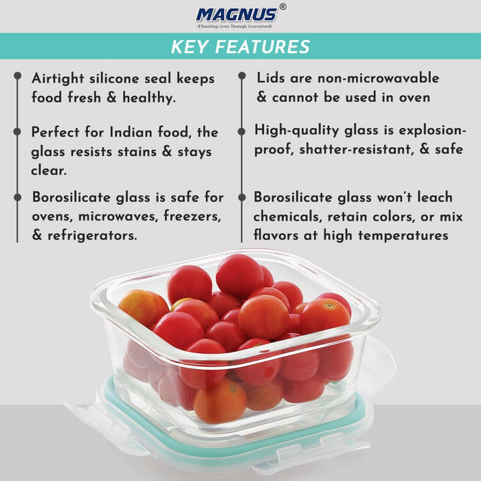 Vivid Glass Food Sqaure Container with Break-Free Detachable Lock – Oven & Microwave Safe Borosilicate Glass - 320ML