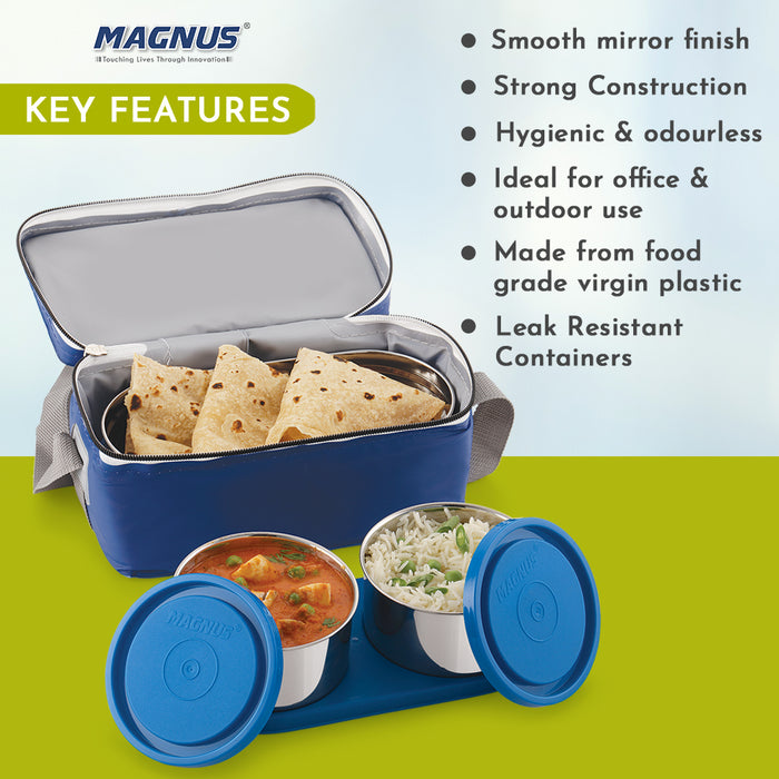 Magnus Fancy 3 Prime Steel Lunch Box Set | Leak-Proof Lunch Box for Kids | Lunch Boxes for Office Men & Women | Tiffin with 3 Compartments & Washable Cover | Safe & Stylish Design (Blue)