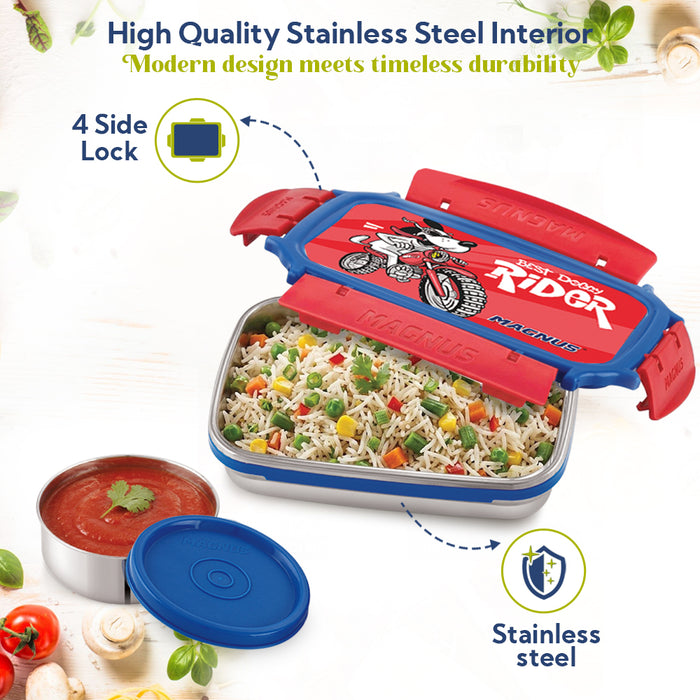 Magnus Magic Switch Junior Stainless Steel Lunch Box for Kids & School | 550 ml Main Container + 100ml Round Container | Airtight & Leakproof Tiffin Box with 3D Lenticular Sticker | Red, Blue