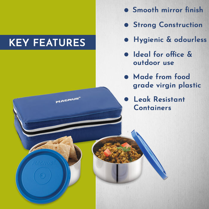 Magnus Fancy 2 Steel Lunch Box Set - Leak-Proof Containers for Office & School | 1050ml | Carry Bag for Men, Women | Stylish Lunch Box for Kids & Lunch Boxes for Office Men, Blue