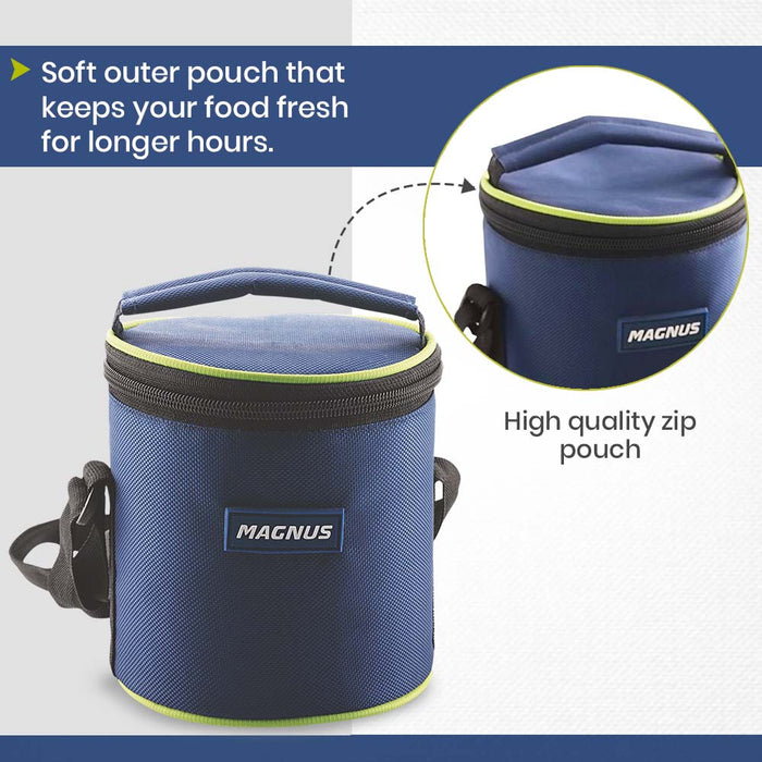 Magnus Alfa-2 Stainless Steel Lunch Box Set with Leak-Proof Containers & Insulated Bag - Air-Tight Lunch Box for Kids, Safe Lunch Boxes for Office Men, Ideal Tiffin for School & Work (Blue)