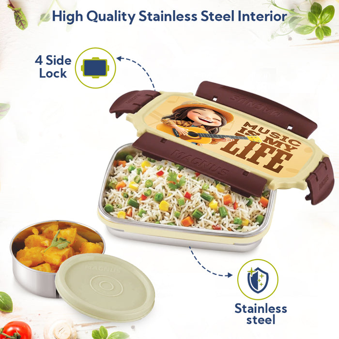 Magnus Magic Switch Junior Stainless Steel Lunch Box for Kids & School | 550 ml Main Container + 100ml Round Container | Airtight & Leakproof Tiffin Box with 3D Lenticular Sticker | Brown