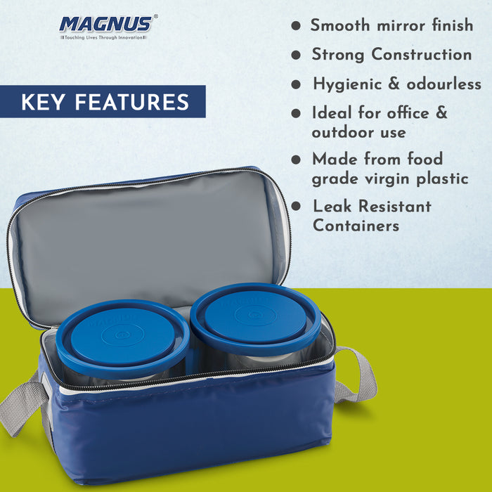 Magnus Fancy 3 Steel Lunch Box Set for Kids and Office Men, Leak-Proof Containers, 3 Compartments, Washable Cover, Stylish Carry Bag, Safe Design, Ideal for Office and School, Blue