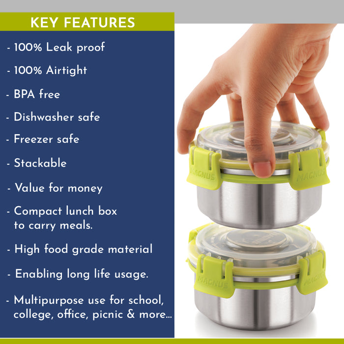 Magnus Ethos 3 Lunch Box Set | Stainless Steel Tiffin with 2 Containers & 1 Glass | Air-Tight, Leakproof, Insulated Bag - Green | Lunch Box for Kids | Lunch Boxes for Office Men, Women
