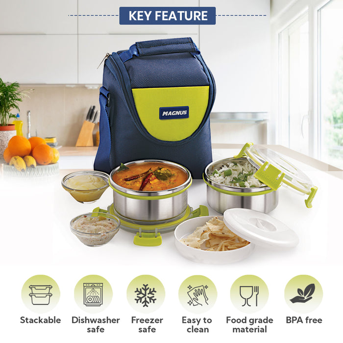 Magnus Aura 2-Piece Stainless Steel Lunch Box Set with Tiffin Bags | Airtight, Leakproof Containers | Lunch Box for Kids, Lunch Boxes for Office Men, Women, School | BPA-Free