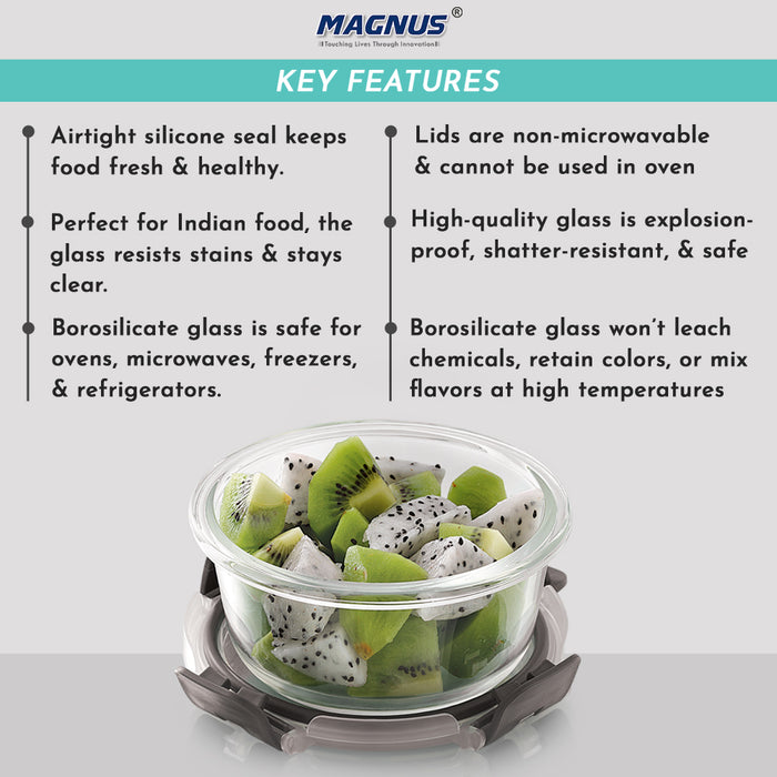 Magnus Glock Round Glass Food Storage Containers Set, Airtight Glass Lunch Containers, Exclusive of BPA, for Microwave, Oven, Freezer & Dishwasher Friendly,240ml