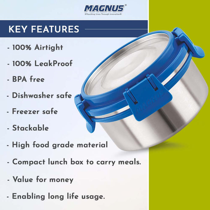 Magnus Avanza 2 Deluxe Kids Stainless Steel Lunch Box | Airtight, Leakproof, Insulated Cover | Sky Blue | Ideal Lunch Box for Kids, Lunch Boxes for Office Men, Women | Hot Meals