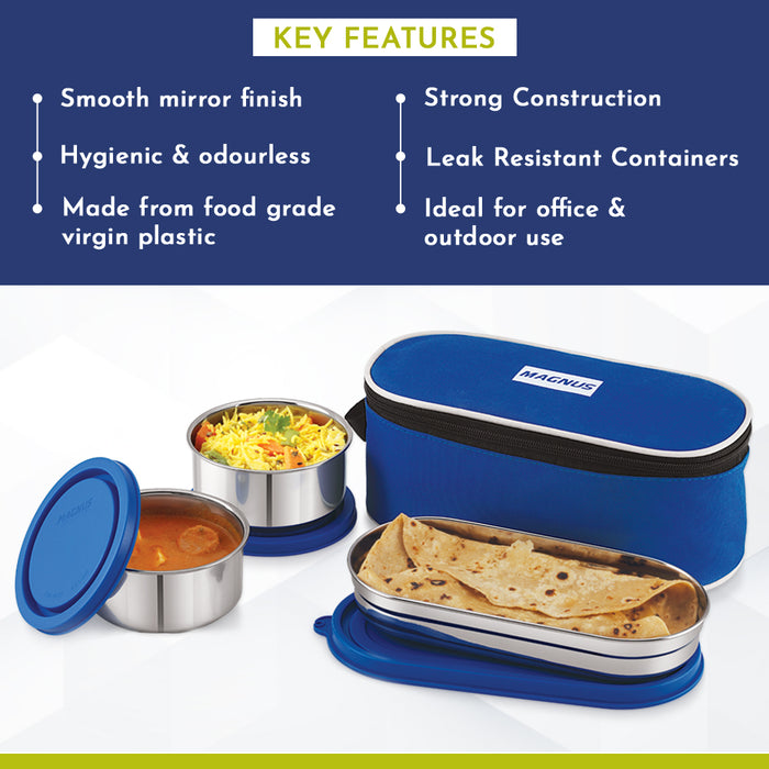 Magnus Super 3 Prime Stainless Steel Lunch Box for Office & School | Leak-Proof Lunch Box for Kids | Lunch Boxes for Office Men | Compact & Air-Tight Design | Safe Plastic Cover | Blue