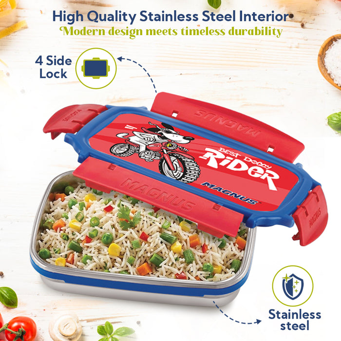 Magnus Magic Switch Junior Stainless Steel Lunch Box for Kids & School | 550 ml Container Container | Airtight & Leakproof Tiffin Box with 3D Lenticular Sticker & Detachable Clips | Blue, Red