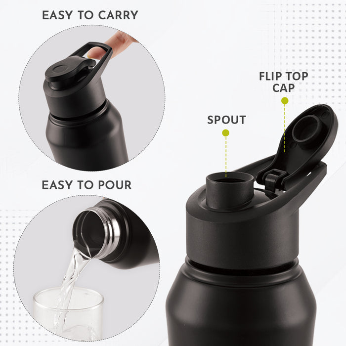 Magnus Oscar Single Wall Stainless Steel Water Bottle for School, Office, Home, Gym, Leakproof, Rust free, Black - 750ml