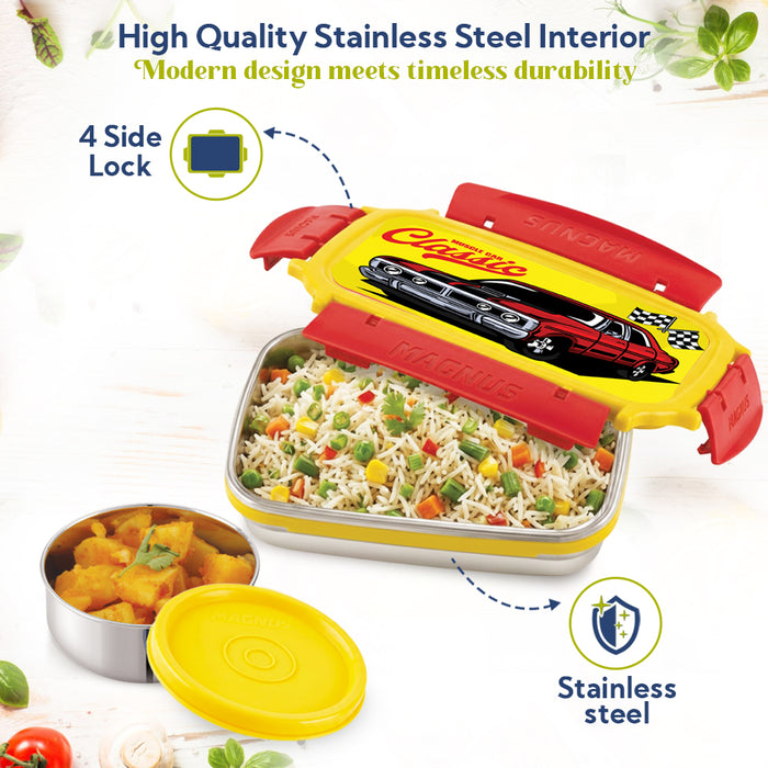 Magnus Magic Switch Junior Stainless Steel Lunch Box for Kids & School | 550 ml Main Container + 100ml Round Container | Airtight & Leakproof Tiffin Box with 3D Lenticular Sticker | Red, Blue