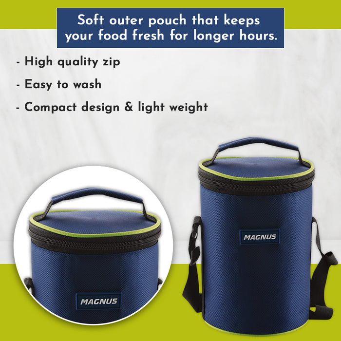 Magnus Alfa-3 Stainless Steel Lunch Box Set - 3 Leakproof Containers & Insulated Bag - Ideal Lunch Box for Kids & Lunch Boxes for Office Men - Safe, Air-Tight, Stylish Design in Blue