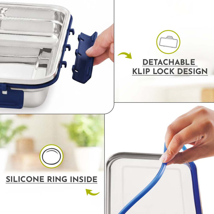 Magnus Dixie Stainless Steel Lunch Box - Airtight & Leak Proof Tiffin, 2 Containers (800ml & 200ml), Ideal Lunch Box for Kids, Lunch Boxes for Office Men, Women & Picnic, Blue