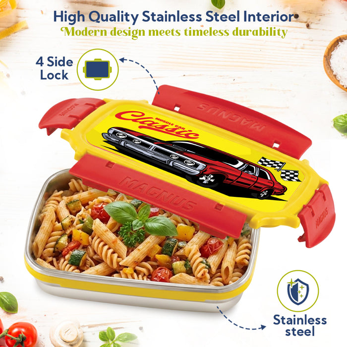 Magnus Magic Switch Junior Stainless Steel Lunch Box for Kids & School | 550 ml Container Container | Airtight & Leakproof Tiffin Box with 3D Lenticular Sticker & Detachable Clips | Red, Yellow