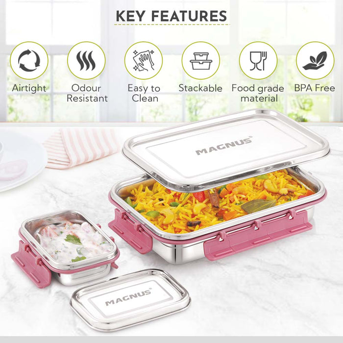 Magnus Dixie Stainless Steel Lunch Box - Airtight & Leak Proof Tiffin, 2 Containers (800ml & 200ml), Ideal Lunch Box for Kids, Lunch Boxes for Office Men, Women & Picnic, Pink