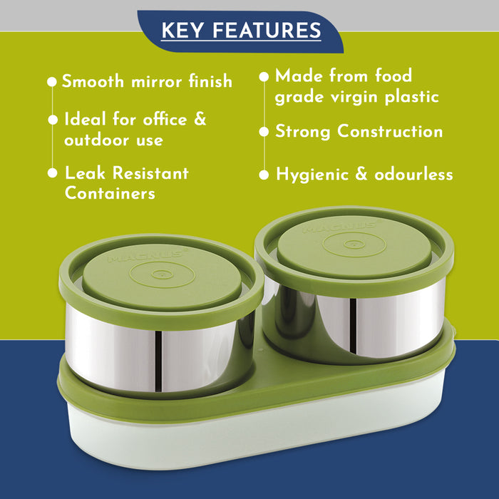 Magnus Fancy 3 Steel Lunch Box Set with Leak-Proof Containers, 3 Compartments, Washable Cover, Stylish Carry Bag - Lunch Box for Kids, Lunch Boxes for Office Men and Women, Safe Design (Green)