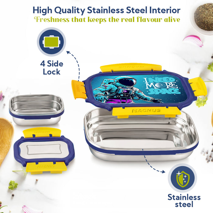 Magnus Magic Switch Senior Stainless Steel Lunch Box for Kids & School | 800ml Main Container + 150ml SS Container | Airtight & Leakproof Tiffin Box with 3D Lenticular Sticker | Blue & Yellow