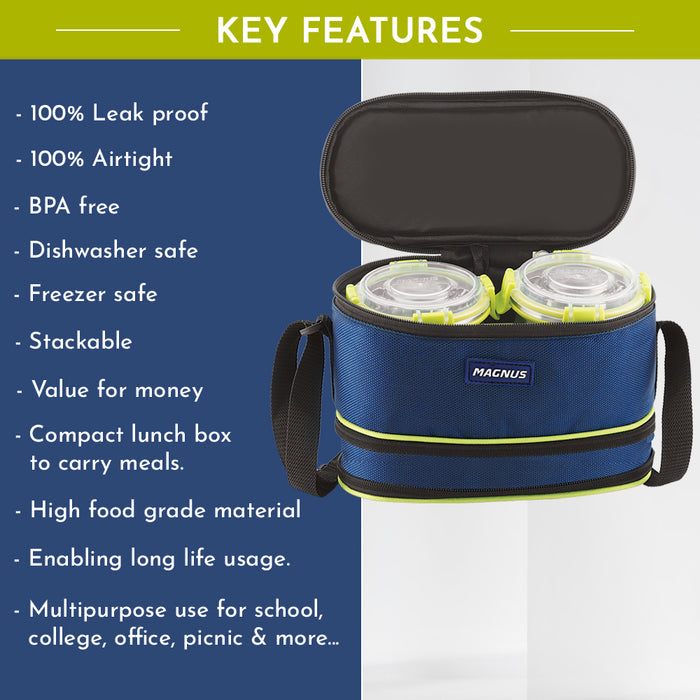 Magnus Avanza 4 - Stainless Steel Leakproof Lunch Box for Kids with Klip Lock & Insulated Bag | Airtight BPA-Free Tiffin | Ideal Lunch Boxes for Office Men, Women, School | Durable Food Containers