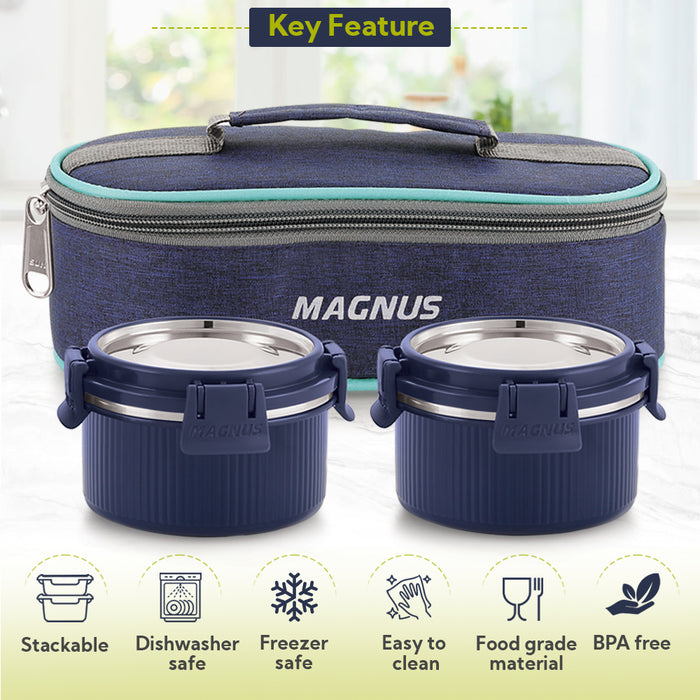 Magnus Microwave Avanza 2 Deluxe - Stainless Steel Ribbed Microwave Safe Leakproof Lunch Box with Klip Lock & Carry Bag |Tiffin for Office, School, Men, Women, Kids