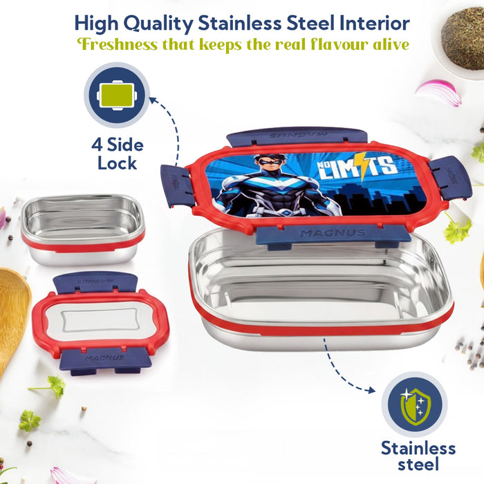 Magnus Magic Switch Senior Stainless Steel Lunch Box for Kids & School | 800ml Main Container + 150ml SS Container | Airtight & Leakproof Tiffin Box with 3D Lenticular Sticker | Red & Blue
