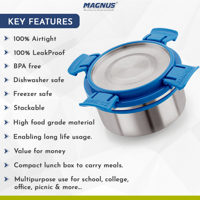Magnus Avanza 3 Deluxe Stainless Steel Lunch Box with Plastic Container | Airtight & Leakproof | Ideal Lunch Box for Kids & Lunch Boxes for Office Men and Women with Carrying Pouch