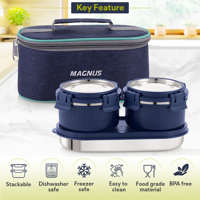 Magnus Microwave Avanza 3 Deluxe Prime - Stainless Steel Ribbed Microwave Safe Leakproof Lunch Box with Klip Lock & Carry Bag |Tiffin for Office, School, Men, Women, Kids