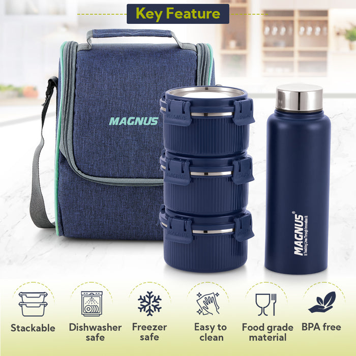 Magnus Microwave Hero 4 Deluxe Stainless Steel Klip Lock Lunch Box with Blue Vertical Pouch, 1 SS Bottle (700ml) & 3 Round Airtight, Leakproof Containers, 300ml Each
