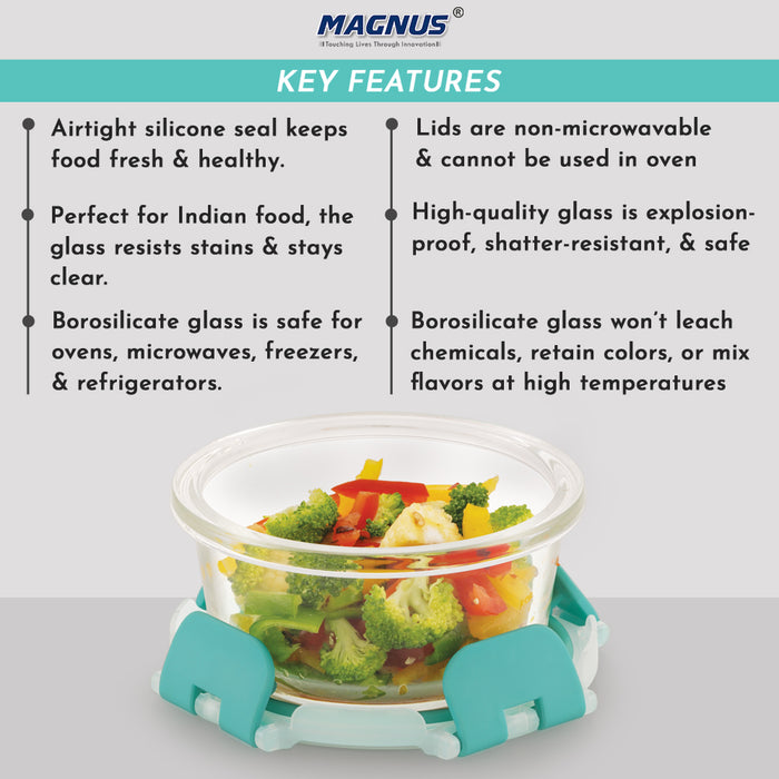 Magnus Glock Round Glass Food Storage Containers Set, Airtight Glass Lunch Containers, Exclusive of BPA, for Microwave, Oven, Freezer & Dishwasher Friendly,240ml -Green