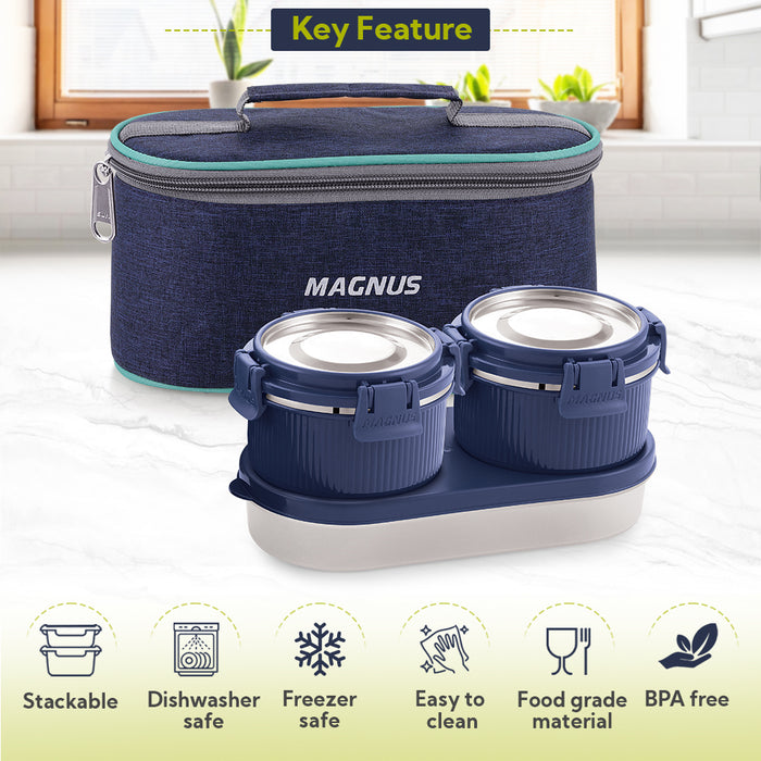 Magnus Microwave Avanza 3 Deluxe  - Stainless Steel Leakproof Lunch Box for Kids with Klip Lock & Insulated Bag | Airtight BPA-Free Tiffin | Ideal Lunch Boxes for Office Men, Women, School | Durable Food Containers