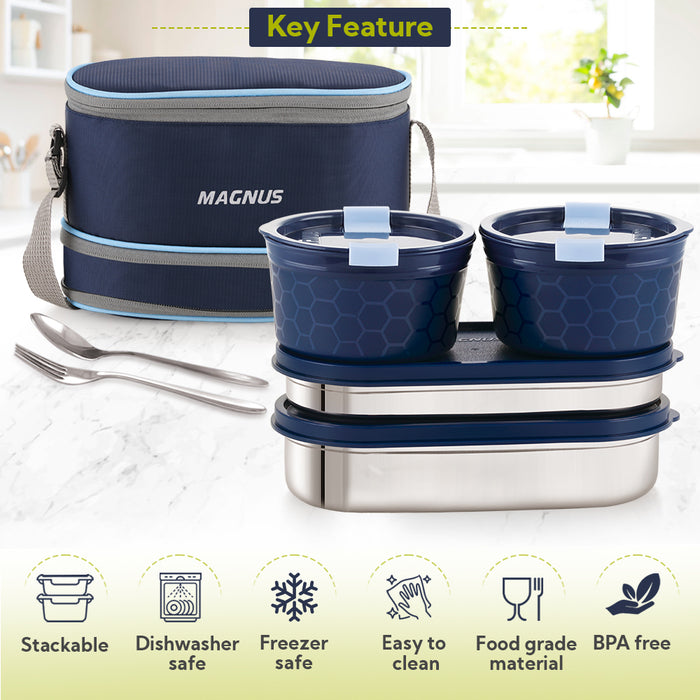 Magnus Microwave Olive-4 Stainless Steel Lunchbox, Microwave Safe, Leak-Proof Containers & Insulated Carry Case - Airtight Food Storage Lunch Box for Kids, Office Men, Women - Dual Long Containers for School, Picnic,1730ml