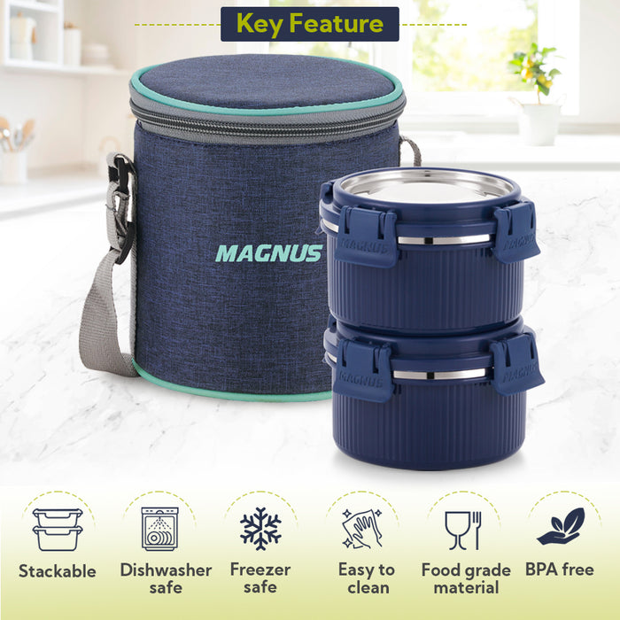 Magnus Microwave Aura 2 Deluxe Microwave Safe Ribbed Stainless Steel Lunch Box Set with Tiffin Bags & Pouch | Airtight, Leakproof Containers | Lunch Box for Kids, Lunch Boxes for Office Men, Women, School