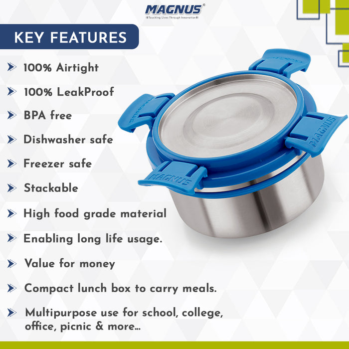 Magnus Avanza 2 Deluxe Stainless Steel Lunch Box | Airtight, Leakproof, Insulated | Ideal Lunch Box for Kids | Lunch Boxes for Office Men and Women | Compact Design with Carrying Pouch