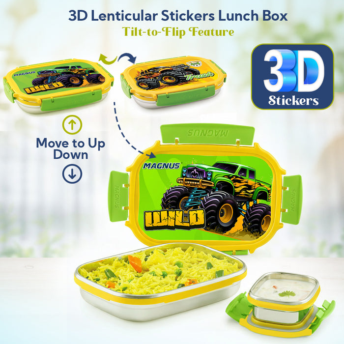 Magnus Magic Switch Senior Stainless Steel Lunch Box for Kids & School | 800ml Main Container + 150ml SS Container | Airtight & Leakproof Tiffin Box with 3D Lenticular Sticker | Green & Yellow