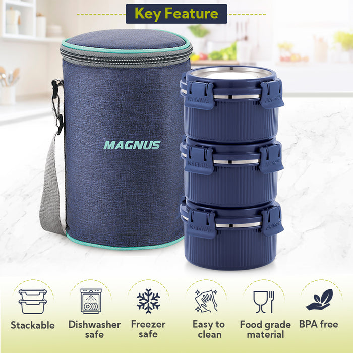 Magnus Microwave Aura 3 Deluxe, Microwave Safe Ribbed Stainless Steel Lunch Box Set with Tiffin Bags & Pouch | Airtight, Leakproof Containers | Lunch Box for Kids, Lunch Boxes for Office Men, Women, School