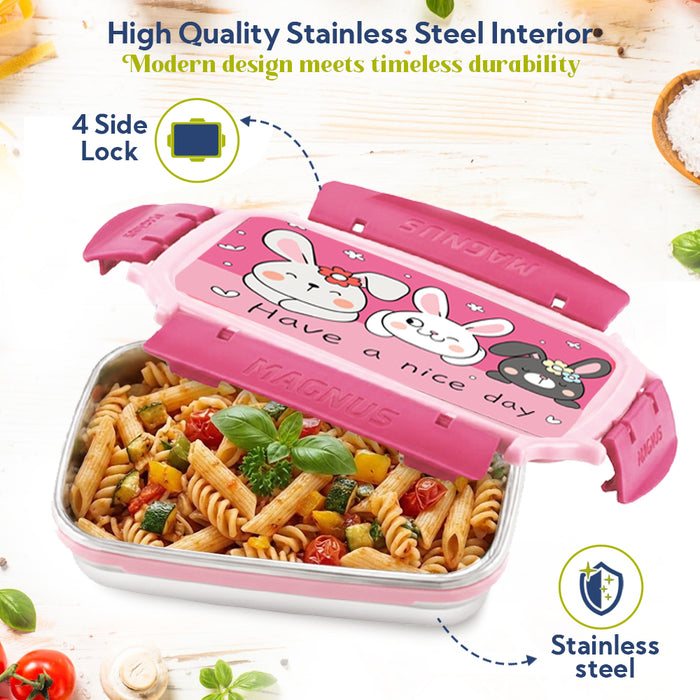 Magnus Magic Switch Junior Stainless Steel Lunch Box for Kids & School | 550 ml Container Container | Airtight & Leakproof Tiffin Box with 3D Lenticular Sticker & Detachable Clips | Pink