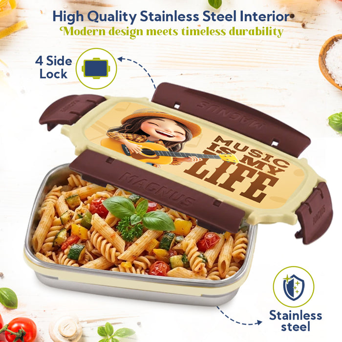 Magnus Magic Switch Junior Stainless Steel Lunch Box for Kids & School | 550 ml Container Container | Airtight & Leakproof Tiffin Box with 3D Lenticular Sticker & Detachable Clips | Brown