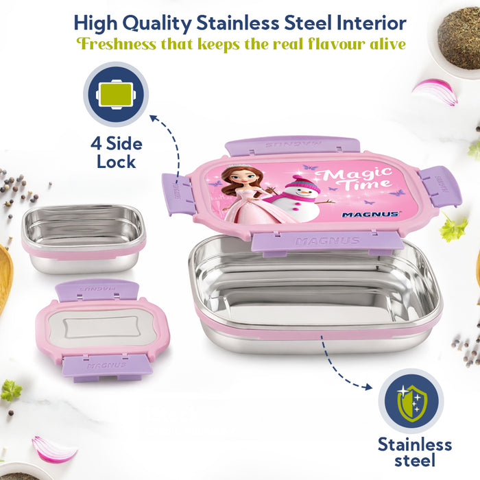Magnus Magic Switch Senior Stainless Steel Lunch Box for Kids | 800ml Main Container + 150ml SS Container | Airtight & Leakproof Tiffin Box with 3D Lenticular Sticker & Detachable Clips | Pink