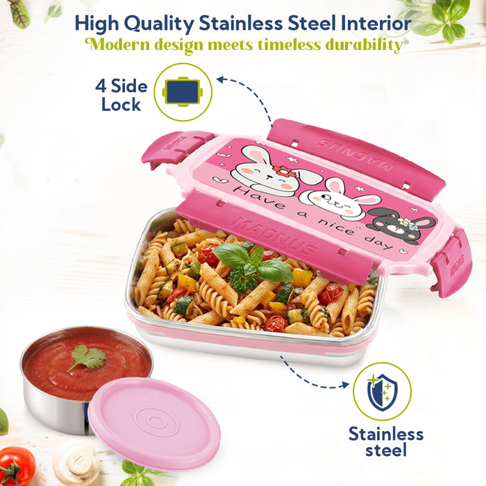 Magnus Magic Switch Junior Stainless Steel Lunch Box for Kids & School | 550 ml Main Container + 100ml Round Container | Airtight & Leakproof Tiffin Box with 3D Lenticular Sticker | Pink